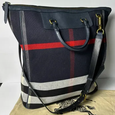Authenticated Burberry House Check Canvas & Leather Tote Bag: Navy/Red/White