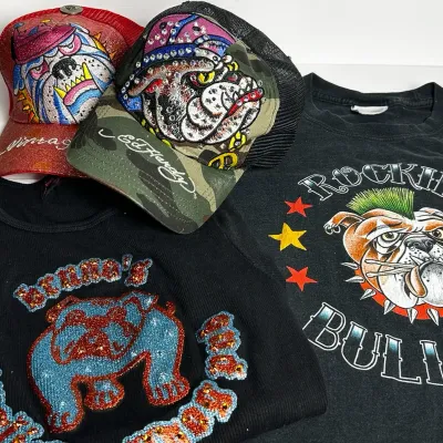 Ed Hardy Trucker Hat & Rockabilly-Style Bulldog Graphic Apparel (M-L)