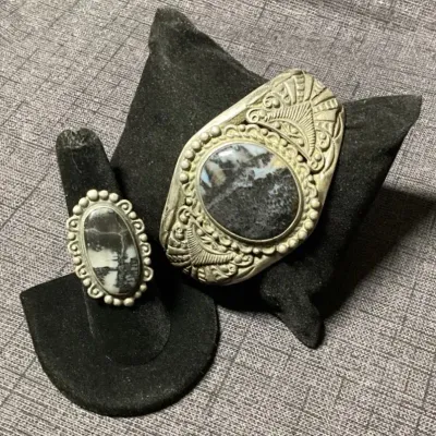 Natural Stone & Metal Bracelet And Ring Size 8