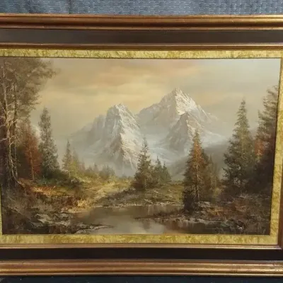 Framed Mountain Landscape Painting signed Cecil
