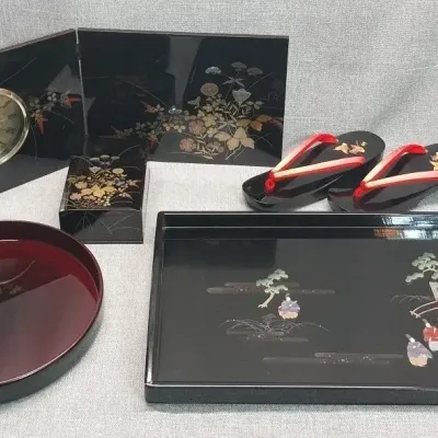Lacquerware Clock, Trays, & Sandals