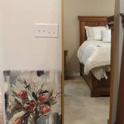 Wood Framed Floor Mirror and Flowered Print