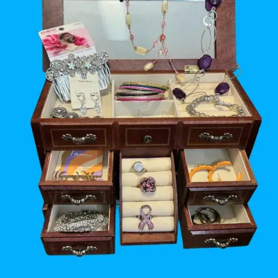 Vintage Walnut Jewelry Box & Costume Jewelry