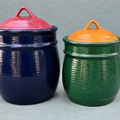 Vintage Multi Colored Stoneware Canister Set 