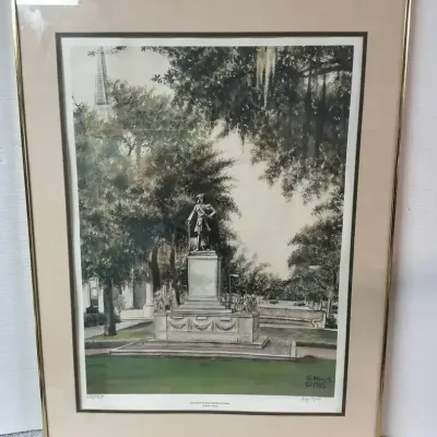 G. Myrick Signed 1985 James Edward Oglethorpe Monument Savannah, Georgia Art Print – Framed & Matted