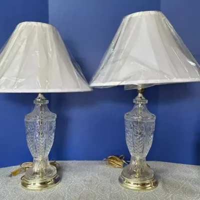 Pair of Cut Crystal Table Lamps with Brass-Tone Bases & Pleated Shades