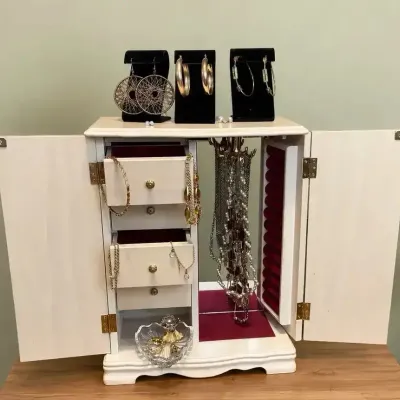 Vintage Wood Jewelry Armoire & Costume Jewelry