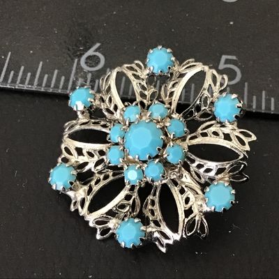 Vintage Silver Filagree Blue Glass Scatter pin Brooch