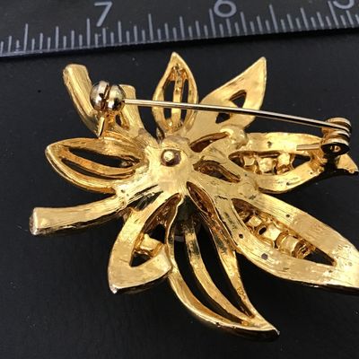 Beautiful Gold Tone With Black Enamel Rhinestone Brooch