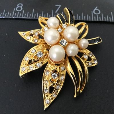 Beautiful Gold Tone With Black Enamel Rhinestone Brooch