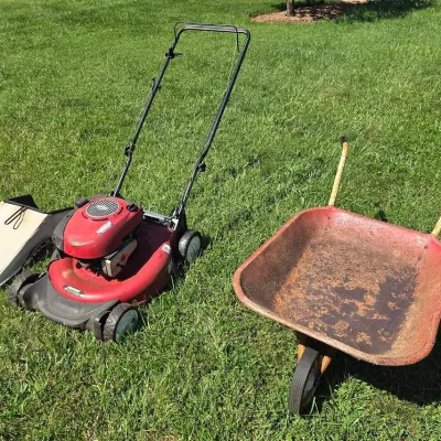 Craftsman Push Lawn Mower & Rustic Wheelbarrow