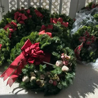 Group of Christmas Wreaths with Red Ribbon 