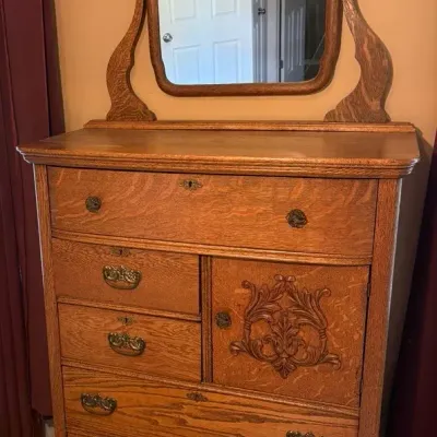 Antique Oak Tall Chest with Swivel Mirror