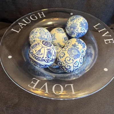 Simon Pierce Glass Bowl “Live, Love, Laugh” W/Blue & White Glass Balls