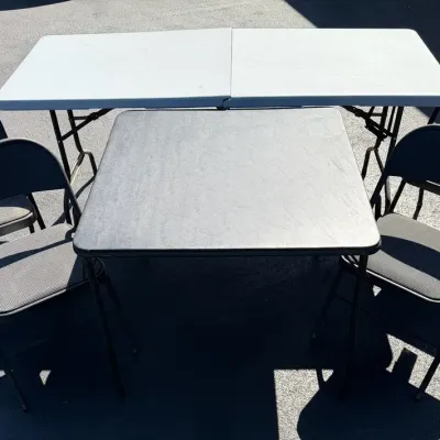 Card Table, 6’ Folding Table & 4 Folding Chairs