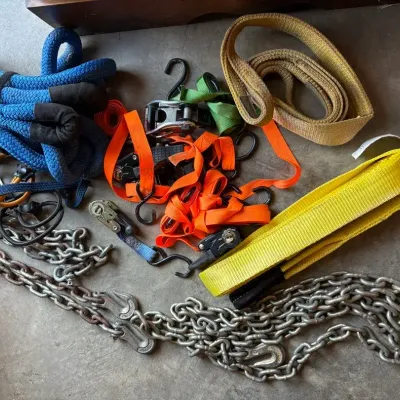 Group of Tow Chains, Ropes, Ratchet Straps