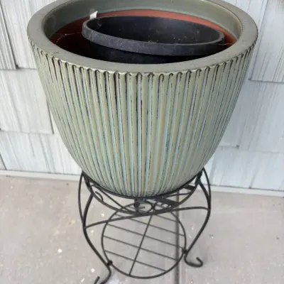 Pair of Matching Terracotta Glazed Pots with Stands 