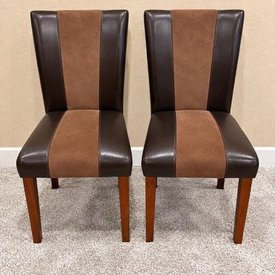 Sale Photo Thumbnail #63: F pair of two tone brown leather and fabric dining chairs