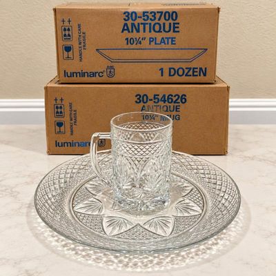 Sale Photo Thumbnail #118: Hk luminarc antique 10 25" plate and 10 oz. mug set 12 pieces each