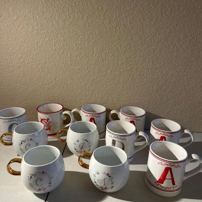 Sale Photo Thumbnail #195: Lk elegant monogram mugs with gold handles set of 12