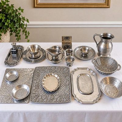 Sale Photo Thumbnail #97: Hk assorted 22 piece collection of pewter and metal tableware