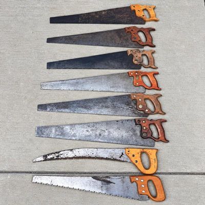 Sale Photo Thumbnail #74: G collection of 8 antique older hand saws – disston, simonds & corona