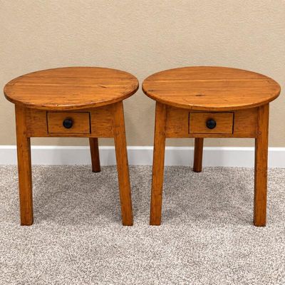 Sale Photo Thumbnail #62: F pair of round wooden end tables with drawer