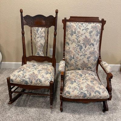 Sale Photo Thumbnail #60: F pair of antique wooden rockers with matching floral upholstery