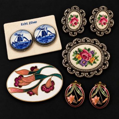 Sale Photo Thumbnail #142: J delft silver earrings needlepoint & enamel floral jewelry