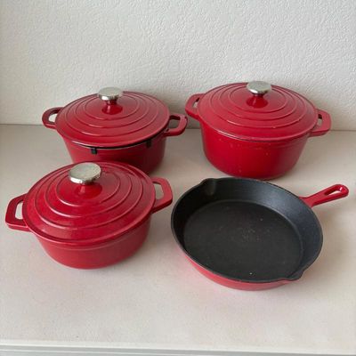 Sale Photo Thumbnail #157: Kh sur la table 4 piece cast iron cookware set in red