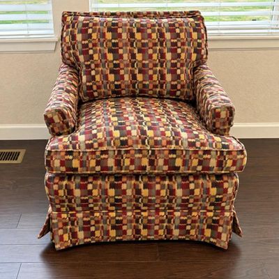 Sale Photo Thumbnail #69: F upholstered club armchair with multicolored geometric pattern