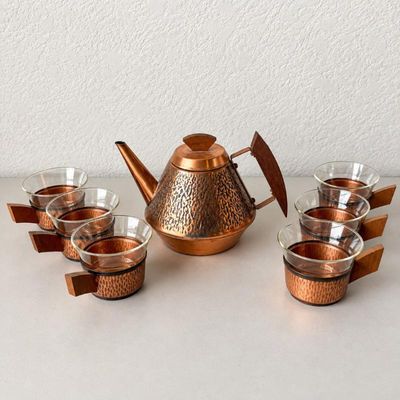 Sale Photo Thumbnail #134: Hk vintage german copper coffee tea set with glass cup inserts