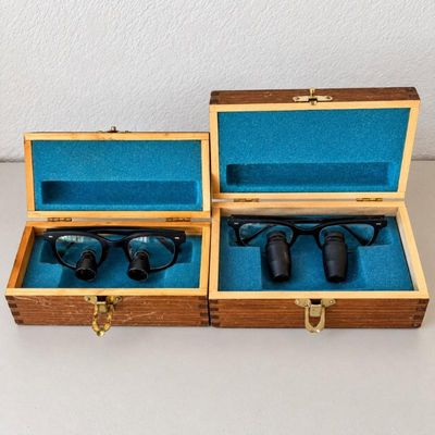 Sale Photo Thumbnail #234: V vintage pair of surgical telescopes in wooden storage boxes