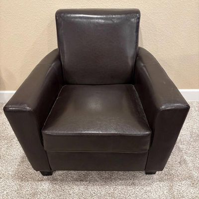 Sale Photo Thumbnail #59: F modern dark brown leather chair with minor side scratch