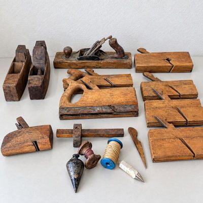 Sale Photo Thumbnail #226: V assortment of vintage wooden planes and woodworking tools