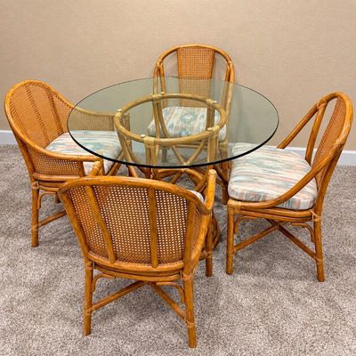 Sale Photo Thumbnail #57: F mcguire rattan dining set with glass top and cushioned chairs