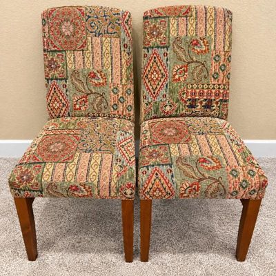 Sale Photo Thumbnail #61: F pair of parsons style dining chairs with patterned upholstery