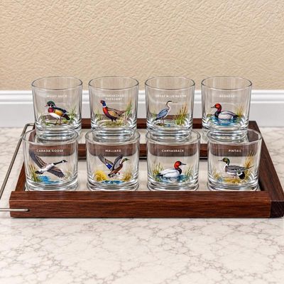 Sale Photo Thumbnail #99: Hk assortment of duck glasses with wooden holder carrier