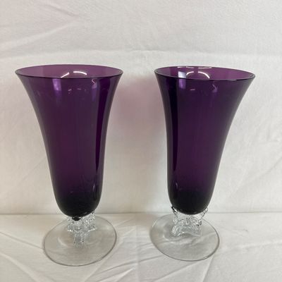Vintage Tiffin Glass Amethyst Trumpet Vases with Clear Seahorse Stems - Pair