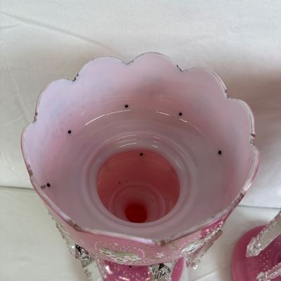 Antique Pink Bristol Glass Lustres with Crystal Prisms - Pair