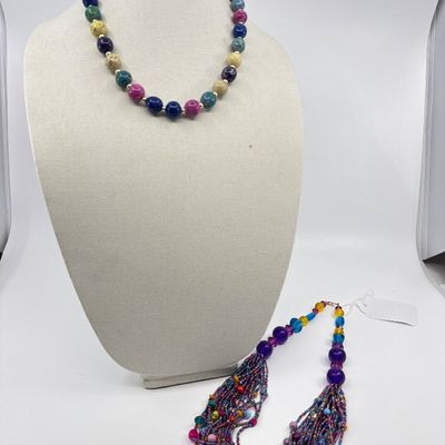 Mixed Gemstone & Multi-Strand Glass Beaded Necklaces - Set of 2