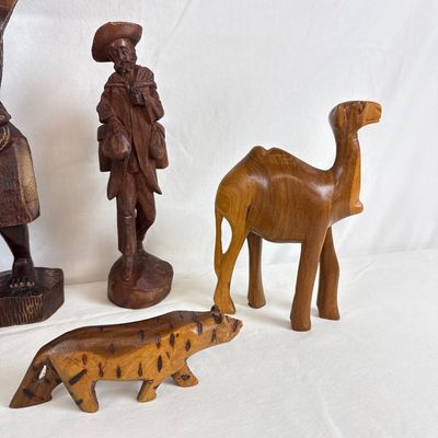 Vintage Hand-Carved Wooden Figurines & Sculptures - 7 Piece Collection