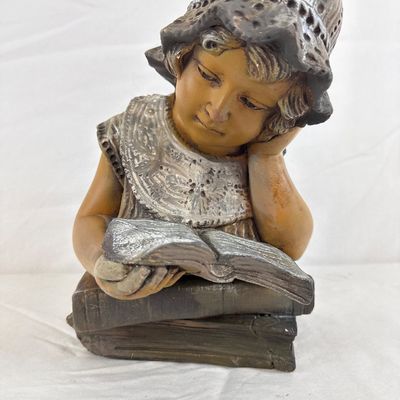 Vintage Cast Resin Figurine of a Young Girl Reading Books