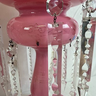 Antique Pink Bristol Glass Lustres with Crystal Prisms - Pair