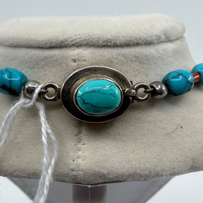 Tibetan Inlaid Barrel Bead & Dyed Howlite Necklace with .925 Clasp