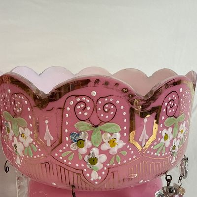 Antique Pink Bristol Glass Lustres with Crystal Prisms - Pair