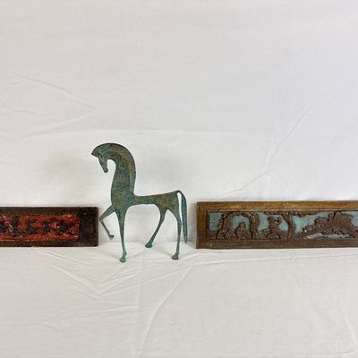 Italian Bronze Greek Geometric Style Horse & Carved Wood Panels