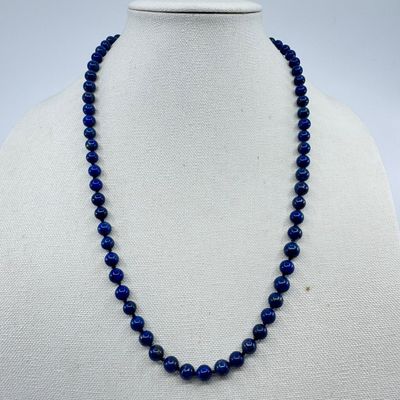Polished Lapis Lazuli Beaded Necklace with Sterling Silver Clasp