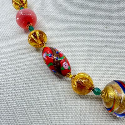 Venetian Art Glass Gold Foil & Wedding Cake Bead Necklace - 22"