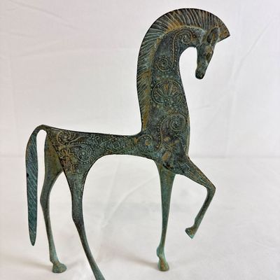 Italian Bronze Greek Geometric Style Horse & Carved Wood Panels